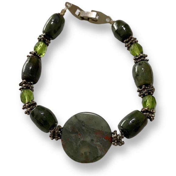 Artisan Green Jasper and Sterling Silver Stone Beaded Bracelet - Picture 3 of 3